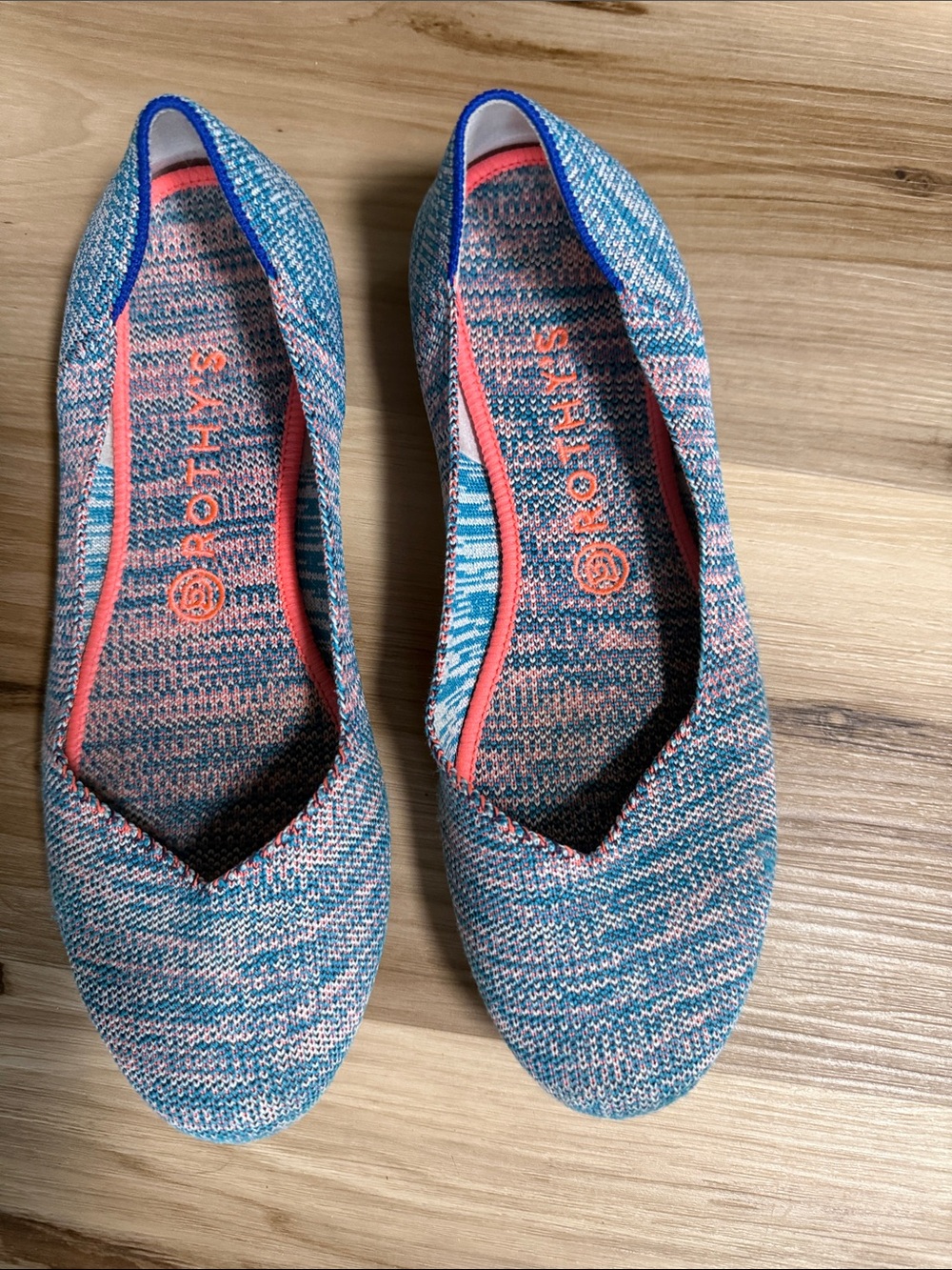 Rothy's Blue and Coral Knit Ballet Flats